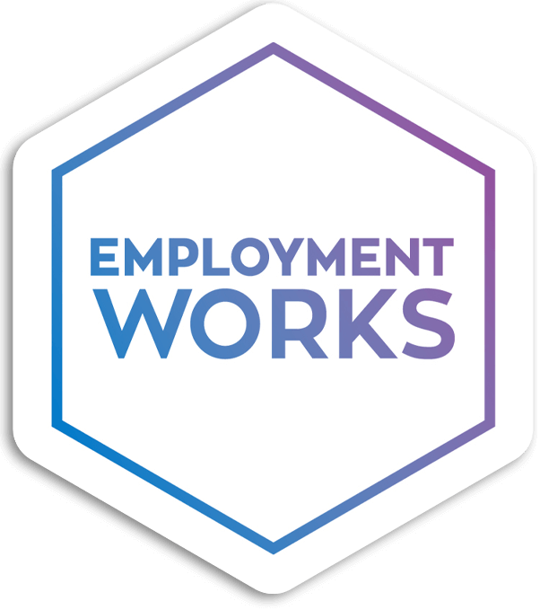 Hexagon logo with gradient border and "EMPLOYMENT WORKS" text.